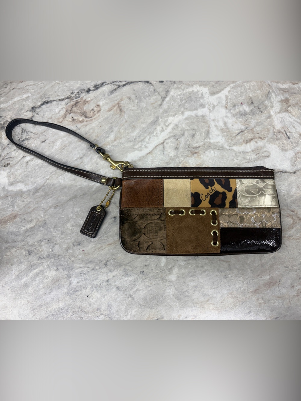 Coach Patchwork Wristlet in Brown, Tan & Gold Accent